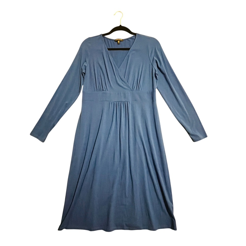 Eileen Fisher Dress Womens M Blue Long Sleeve Empire Waist V-Neck Midi Jersey